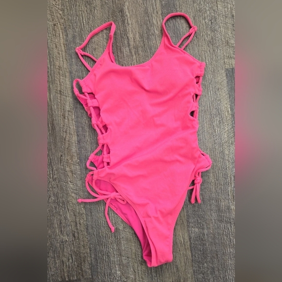 Small Hot Pink Cutout One Piece Side Tie Swimsuit Barbiecore Beach Vacation - Picture 2 of 2